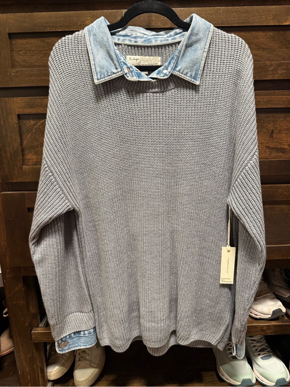 Vintage Havana Light Gray Knit Crewneck Sweater with Denim Collar